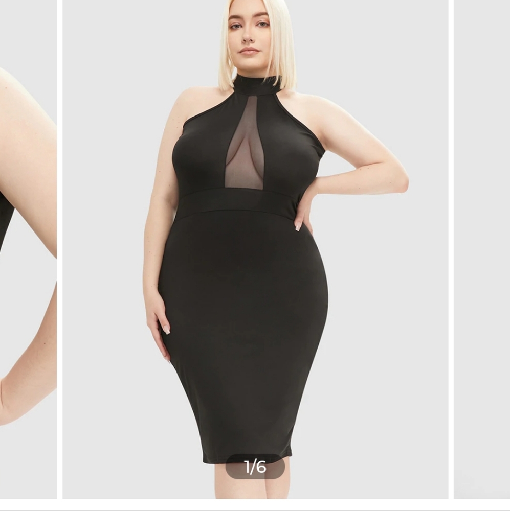 Mock Neck Contrast Mesh Cut Out Dress